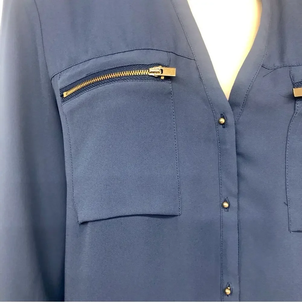 Express Blue Two Front Zip Pockets V Neck Breezy Popover Blouse Roll Tab Sleeve